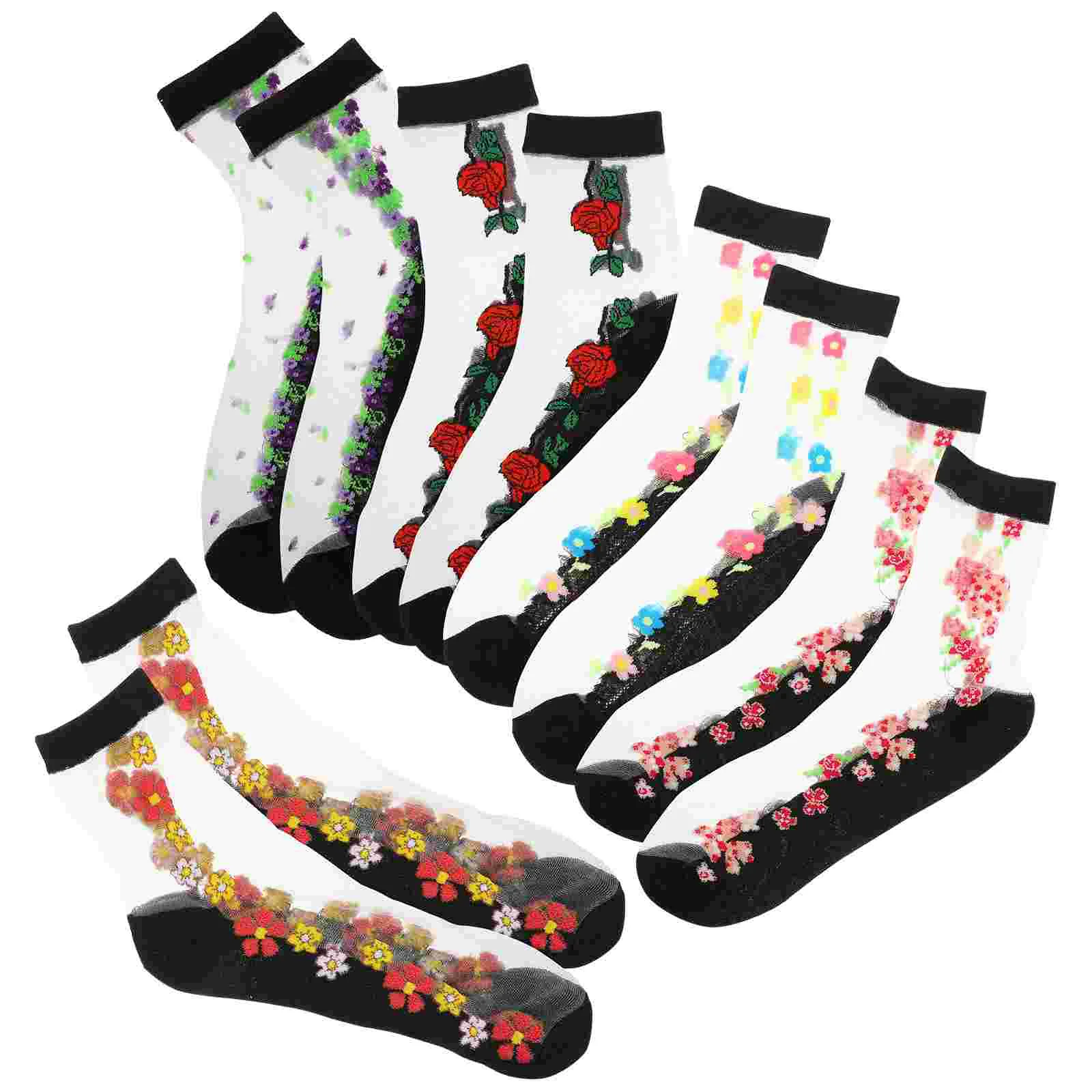 

5 Pairs Summer Female Thin Anti-Hook Silk Breathable Ankle Socks Short Embroidered Cotton Stockings (Black, Random Pattern)