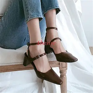 Summer New Leather Small Square High Female Korean Version  All-Match Head Empty Buckle Thick Heel Sandals