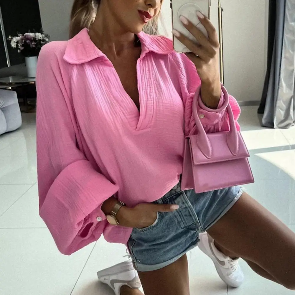 

Chic Autumn Shirt Sturdy Sewn Shrink Resistant Shirt Blouse Solid Color Lantern Long Sleeve Casual Shirt