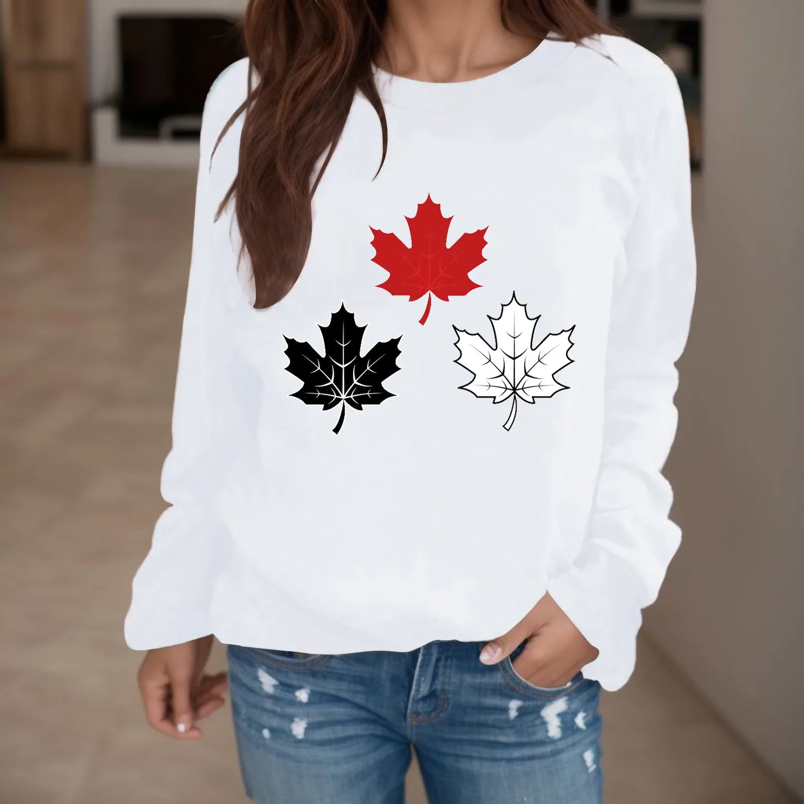 

Casual Homewear T-Shirt Round Neck Tops Maple Leaf Print Tee Long Sleeve Blouses Dailywear Women's T-Shirt Autumn Winter Blusas