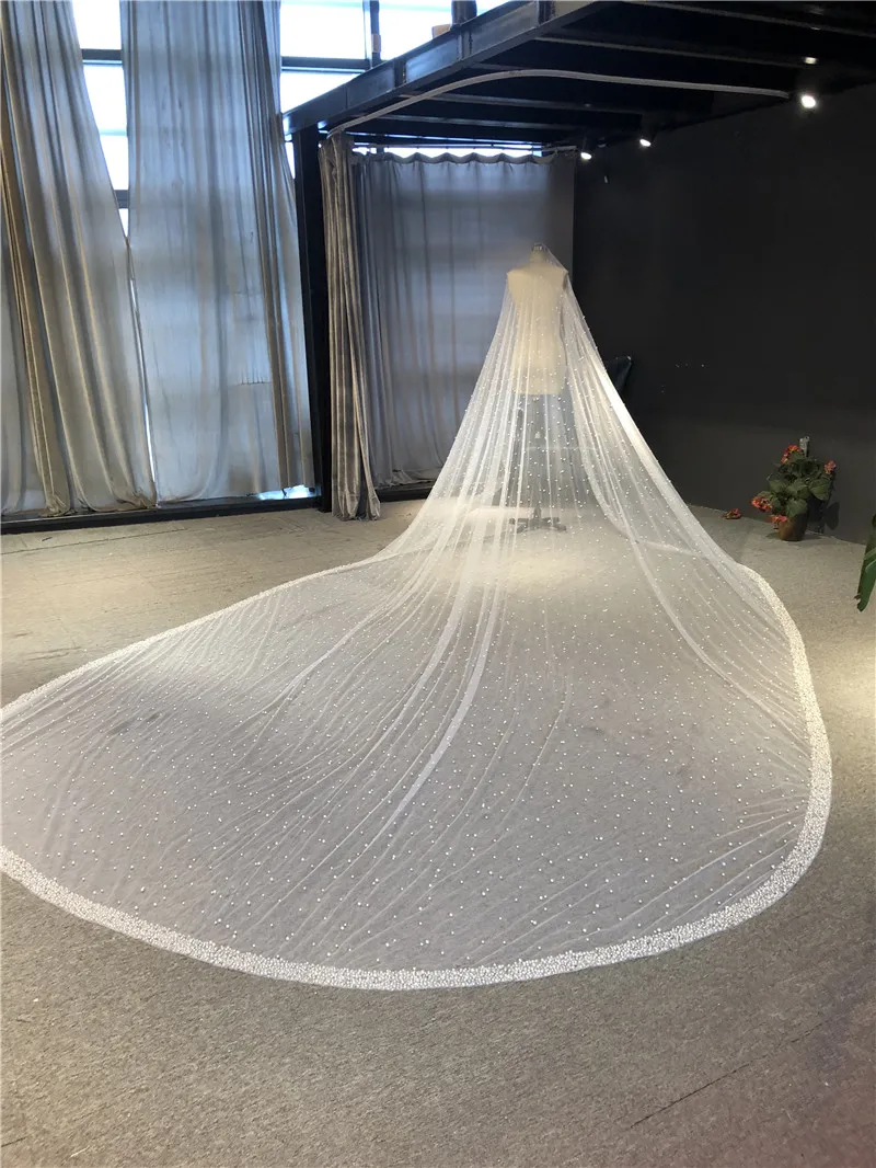

Newest 100% Real Photos High Quality Luxurious Heavy Pearls and Pipes Beads 5 Meters Ivory Tulle Bridal Wedding Veil Accessories