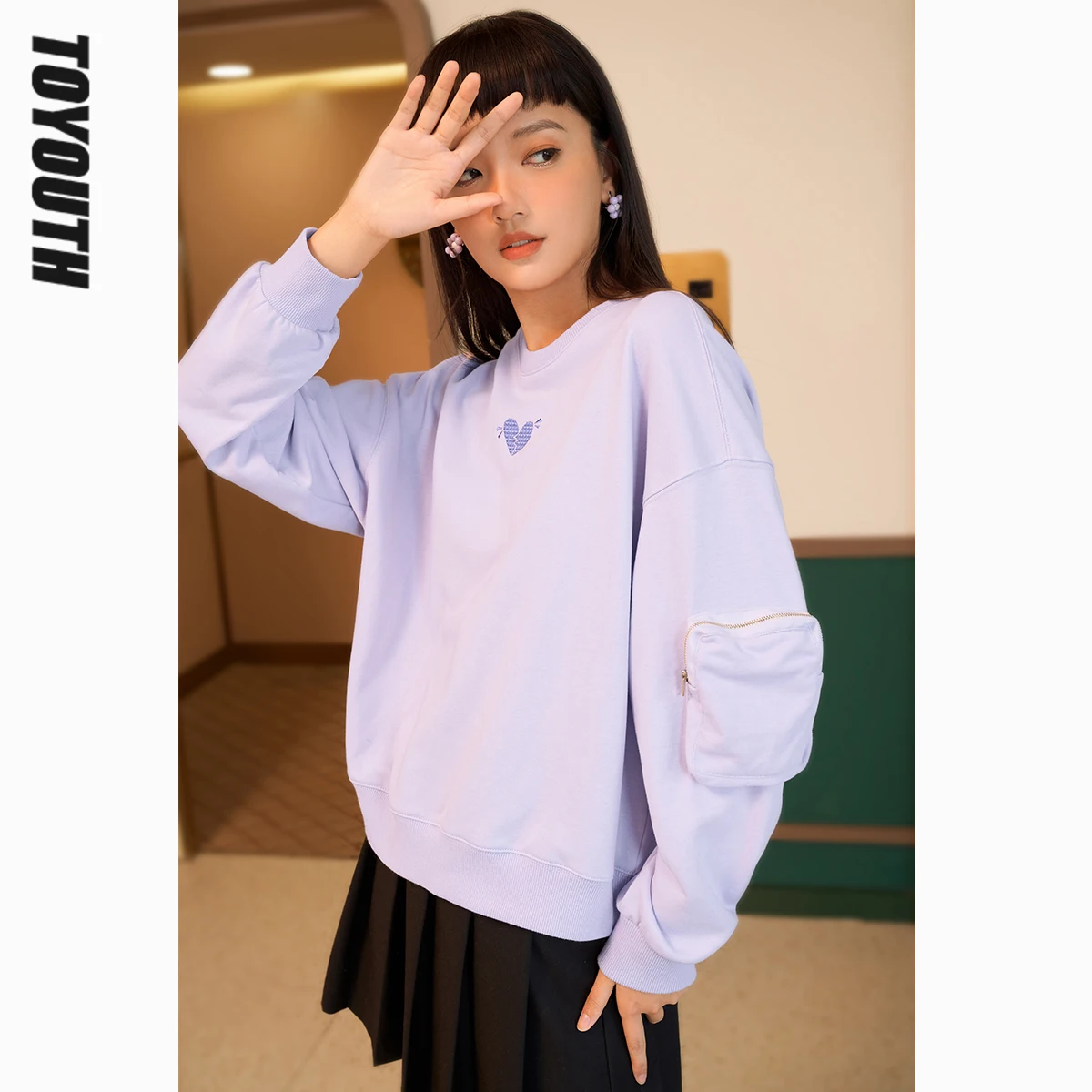 

Toyouth Women Pullovers Sweatshirt Spring Autumn Long Sleeve 3D Pocket Loose Hoodies Heart Embroidery Print Chic Casual Tops