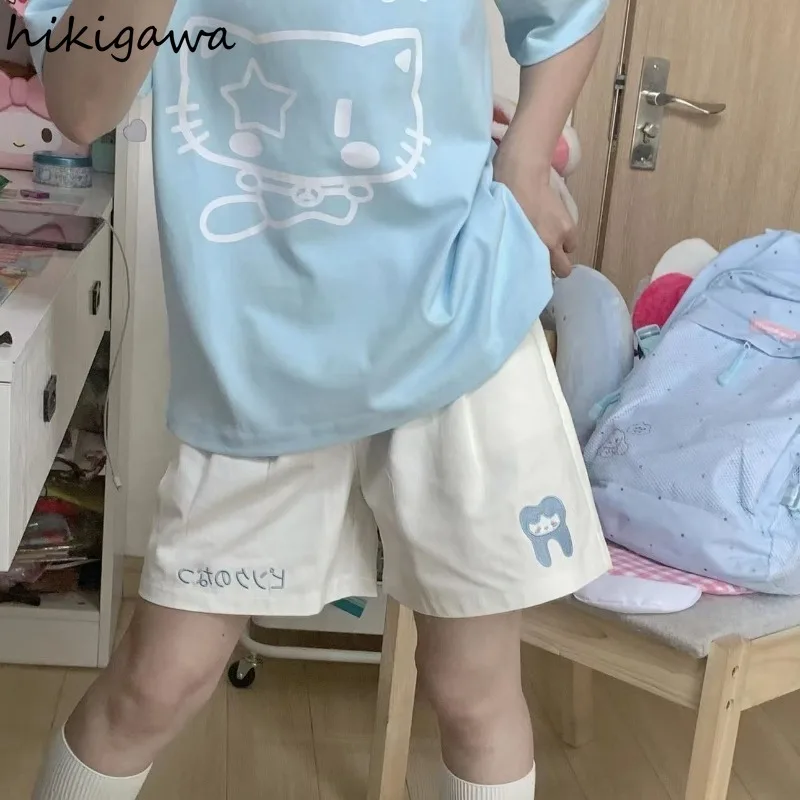 Летние шорты женская одежда милые японские брюки с эластичной талией и вышивкой