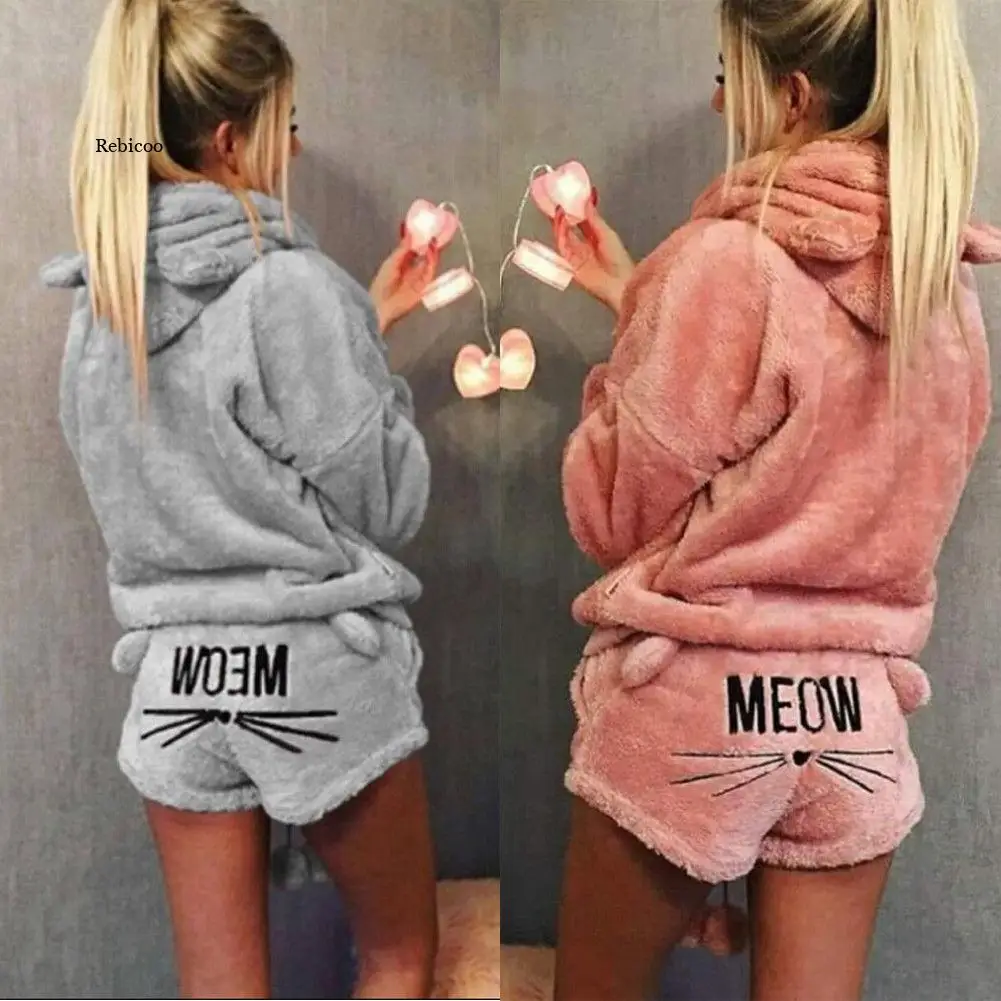 

Women's Pajamas Winter Christmas Sleepwear Suit Plush Flannel Hoodie Shorts Set Warm Home Wear Clothing Set