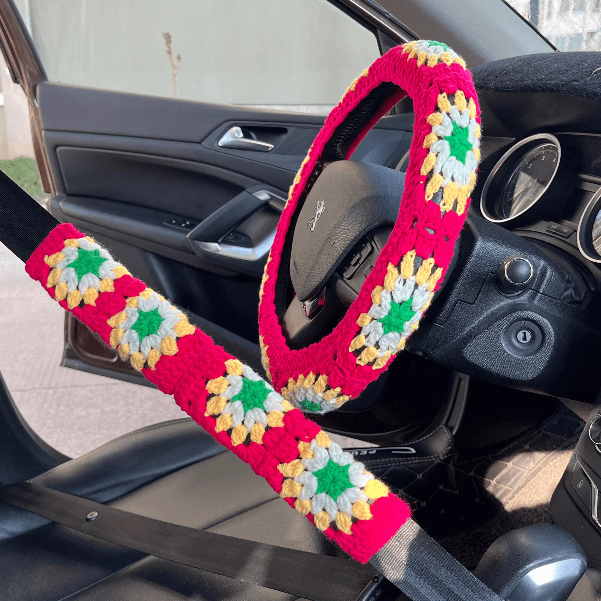 

Knitting Yarn Crochet Steering Wheel Cover For Car Accessory 38cm Sunflower Car Seat Belt Cover Knitted Anti Slip Interior Parts