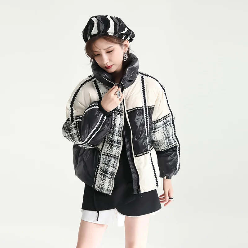 Short Sections of Cotton Clothing Female Winter 2022 New Sense of Design Tweed Splicing Bread Clothes Small People Jacket