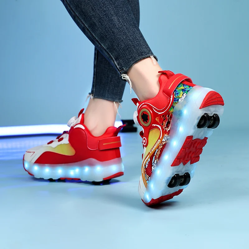 Детская светодиодная обувь с четырьмя колесами черная подсветка для роликовых
