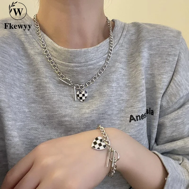 

Fkewyy Korean Checkerboard Love Pendant Necklace Ear Stud Bracelet Niche Design High-end Hip-hop Necklace No Pierced Ear Clip