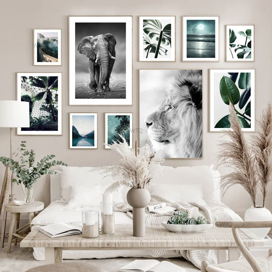 

Jungle Wild Lion Elephant Green Leaf Plant Moon Lake Nordic Poster Wall Art Print Canvas Painting Decor Pictures For Living Room