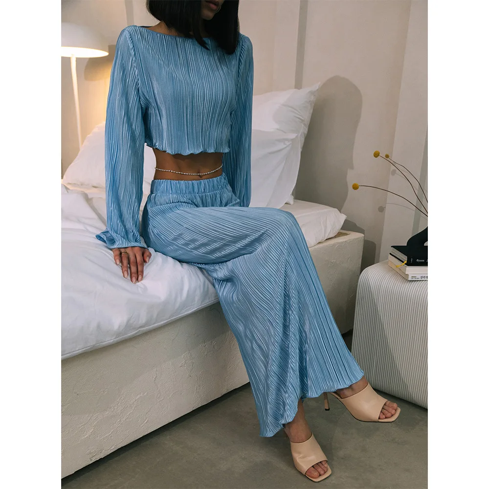 

European and American Women's Spring and Summer Open Waist Trumpet Sleeve Top + Mid-length Skirt Pleated Suit Skirt Suit