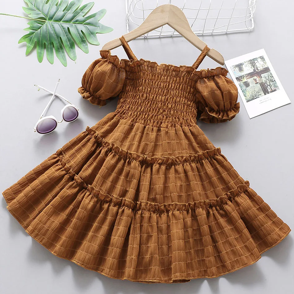 

2-8T Kids Clothes Girls Bubble Sleeve Elegant Costume Children Solid Color Skirt Baby Princess Fashion Dress Straps Dress 2023