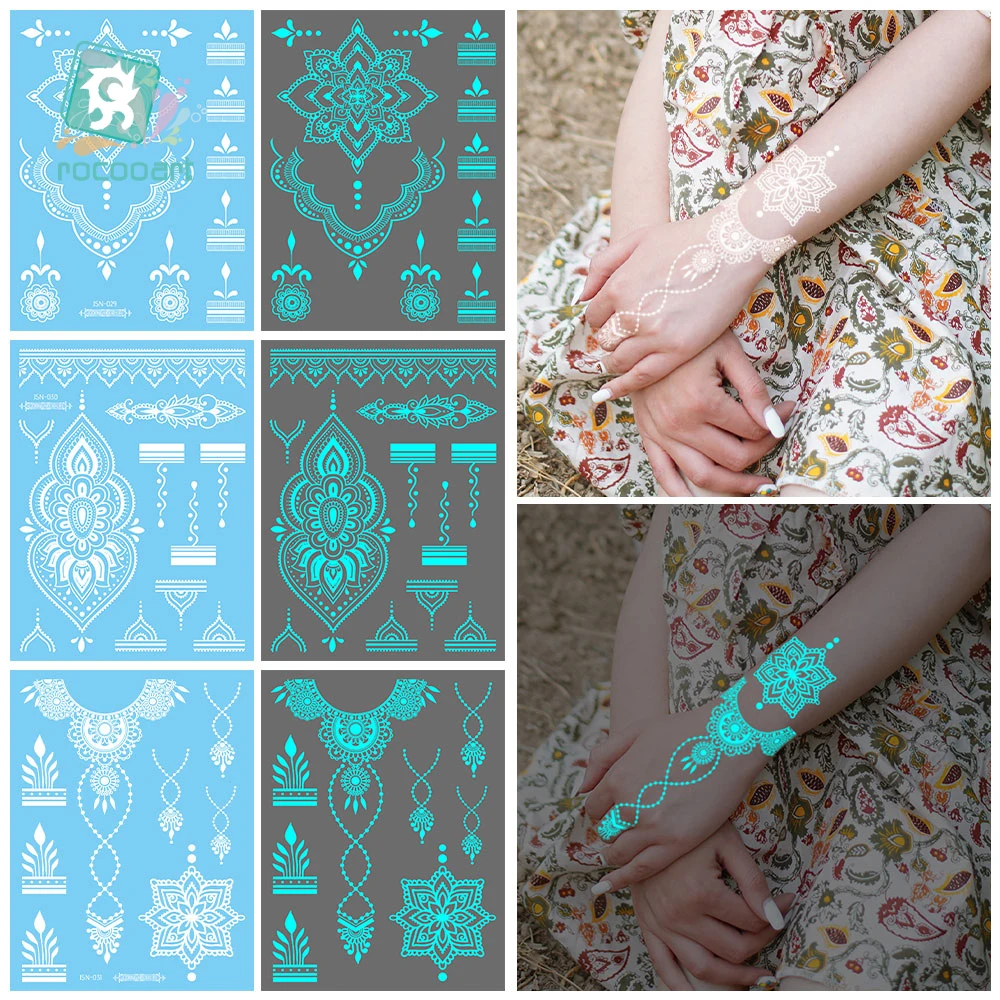 Синяя светящаяся индийская хна искусственная татуировка белая мандала