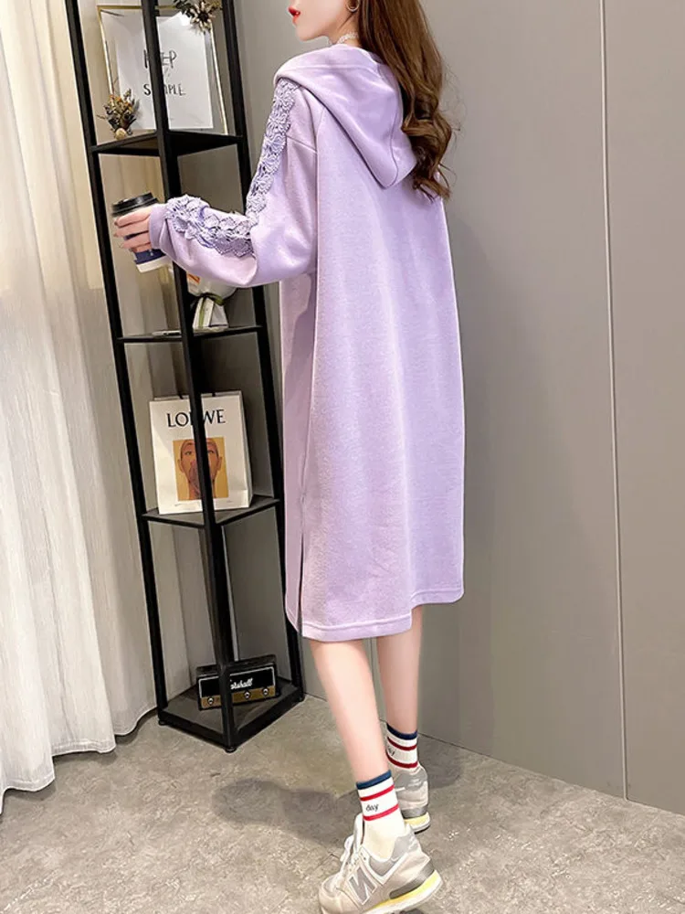 Spring Hoodie Women Cotton Lace Stitching Long Sleeves Knee Length Pullover Dress Korean Letter Print Fashion Casual Ladies Top |