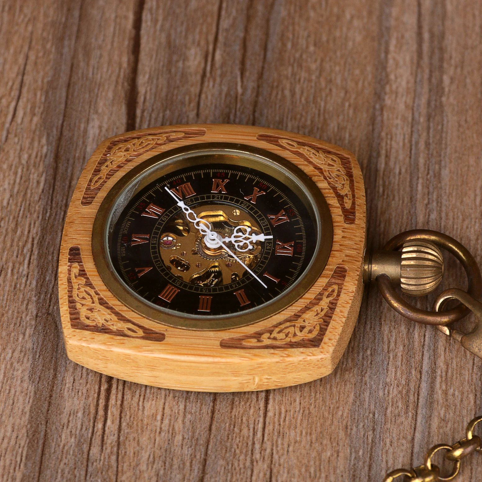 Square Wooden Vintage Mechanical Pocket Watch Roman Numeral Display With Chain Pendant Men's Ladies Gift