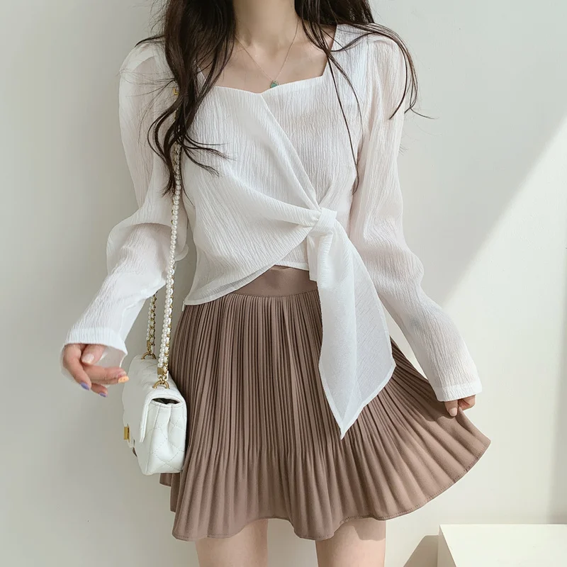 

Retro Slim Square Collar Blouse Women Summer Irregular Tie Loose Long-sleeved Shirt Fashion Korean Ladies Tops Blusas Mujer
