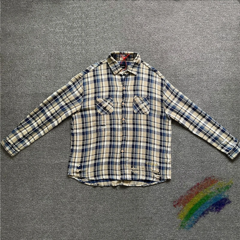 

Heavy Fabric Plaid VUJADE kenijima Shirts Men Women 1:1 High-Quality Unisex Destroy Fashion Shirt Flannel VUJADE Pocket Blouse