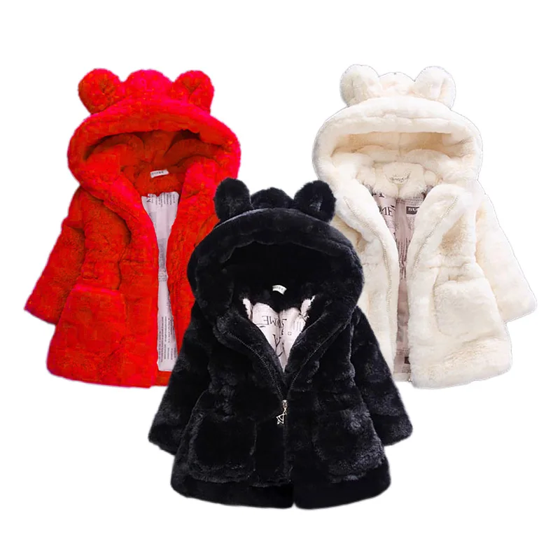 

Baby Girls Solid Color Autumn Winter Clothes Children's Cute Ear Hooded Zip Top Kids Imitation Fur Coat Thickened For 2-8 Years