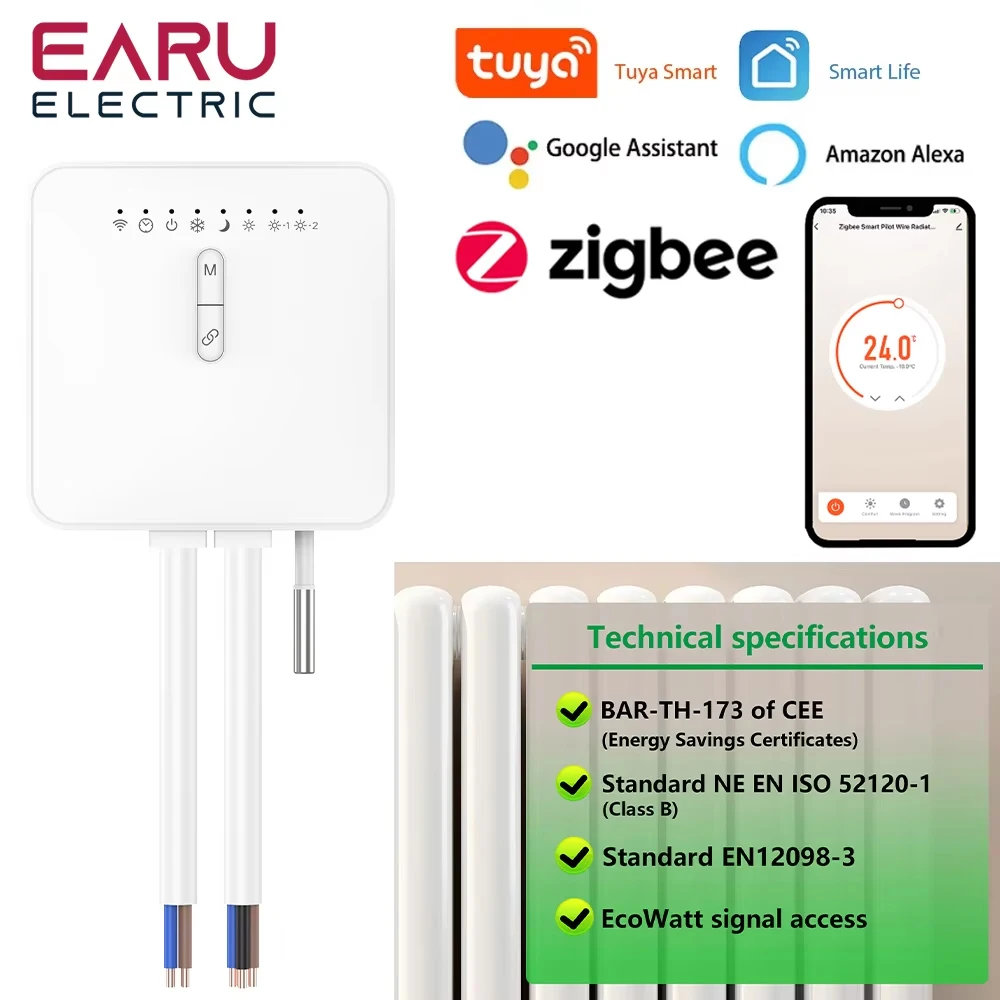 Умный термостат Tuya ZigBee для пилотного провода отопление радиатор поддержка Ecowatt