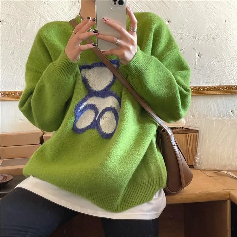 

Korean Chic Bear Cartoon Sweater Women Loose Casual Pullovers 2021 Spring Autumn New Fashion Cottagecore Sweet O Neck Sweater