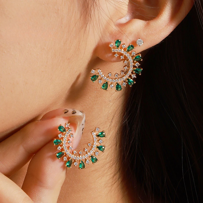 Shining U Synthetic Stone Emerald Ruby Stud Earrings for Women Fashion Jewelry Chrismas