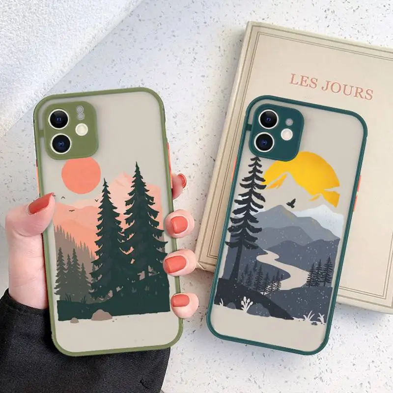 

Mountain Tree Sunset Painting Phone Case matte transparent For iphone 14 11 12 13 plus mini x xs xr pro max cover