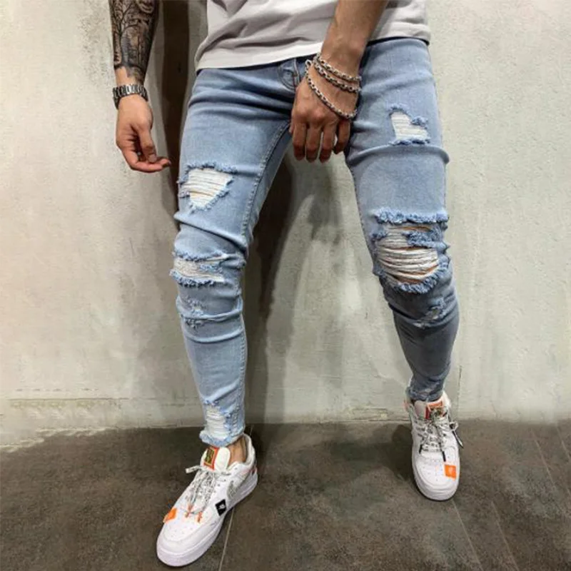 Mens Knee Hole Jeans Slim Fit Pencil Pants Men's Jeans Fashion Four Seasons High Street Denim Pants Full Length Skinny Jeans Men
