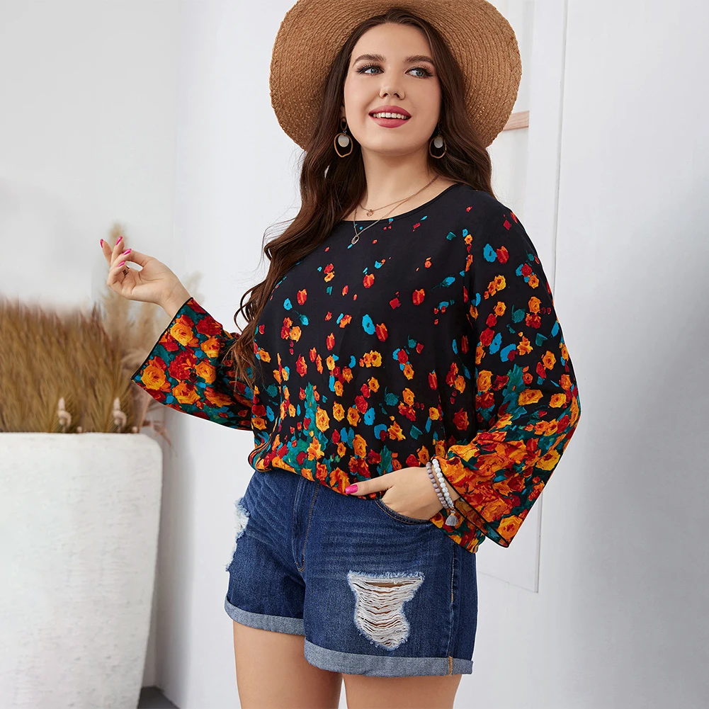 

New Style XL~4XL Plus Size Casual O-Neck Print T-Shirt Women Loose Long Sleeve Tops Ladies Vintage Tunic Clothing