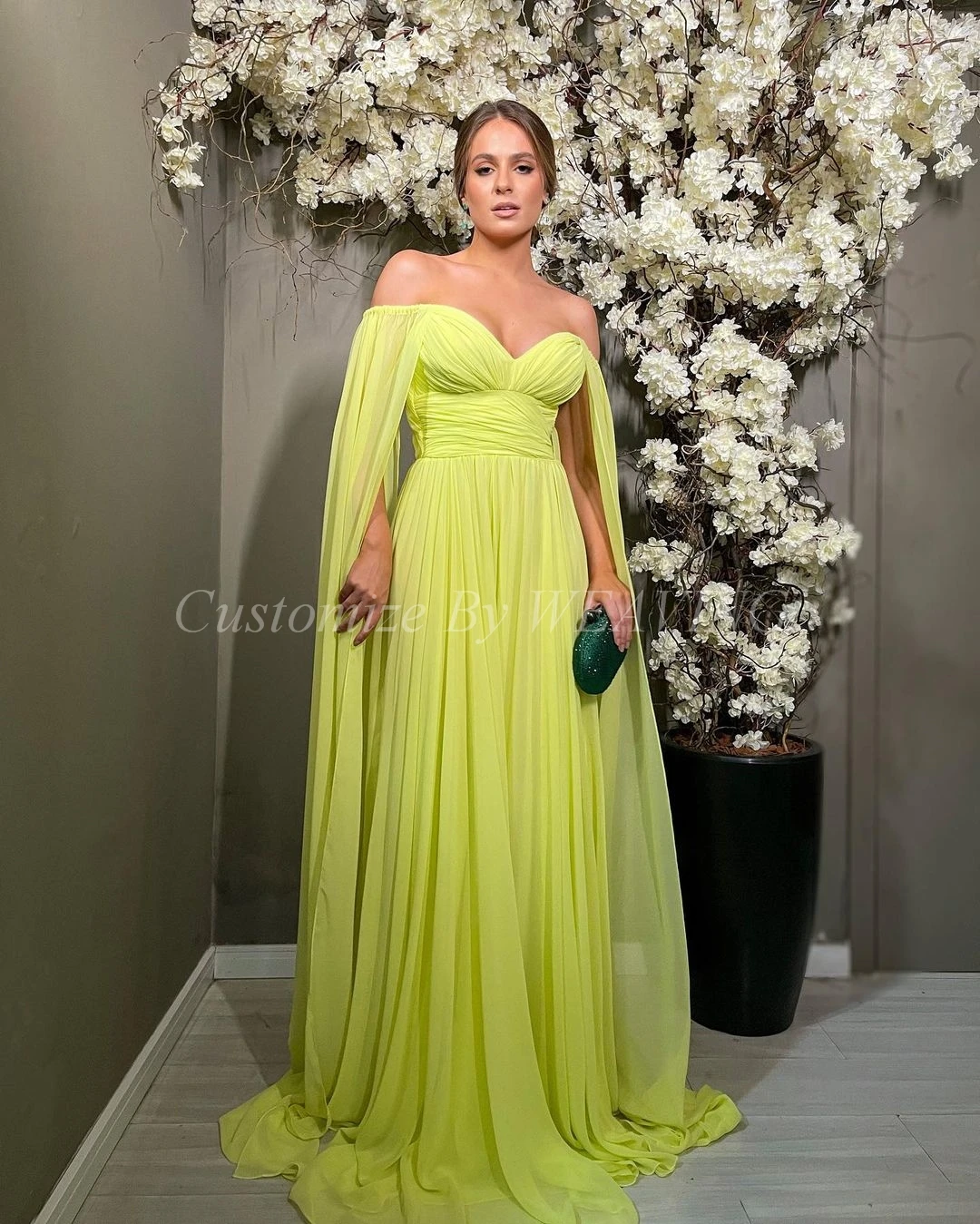 

Yellow Chiffon Long Prom Dresses A-Line Off The Shoulder Pleated Floor Length Saudi Arabia Evening Gowns Formal Party Dress