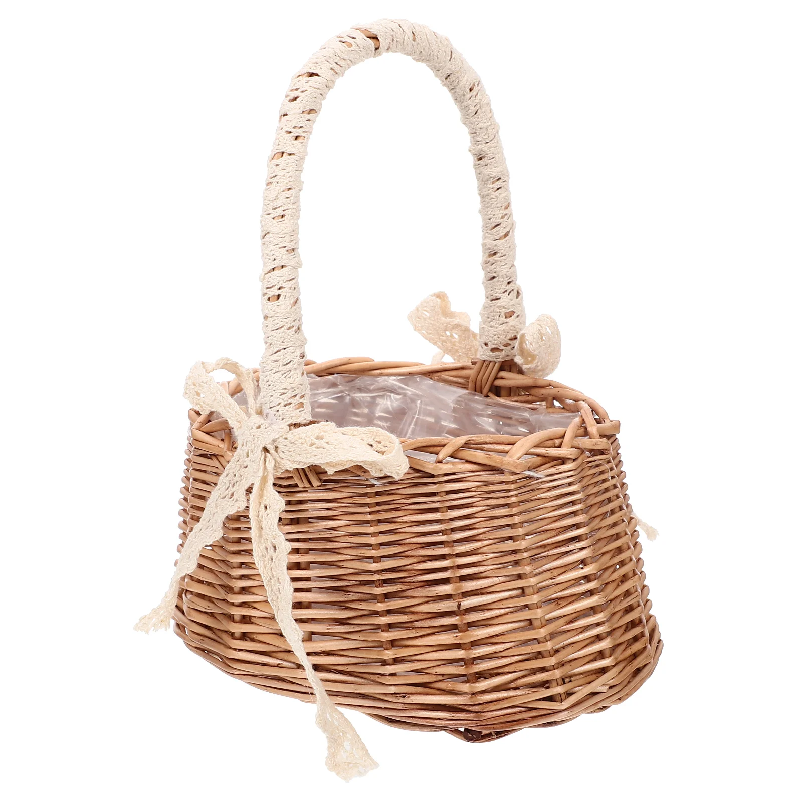 

Basket Flower Wedding Woven Girl Wicker Bridal Rattan Gift Picnic Arrangement Handheld Storage Baskets Portable Lace Bowknot