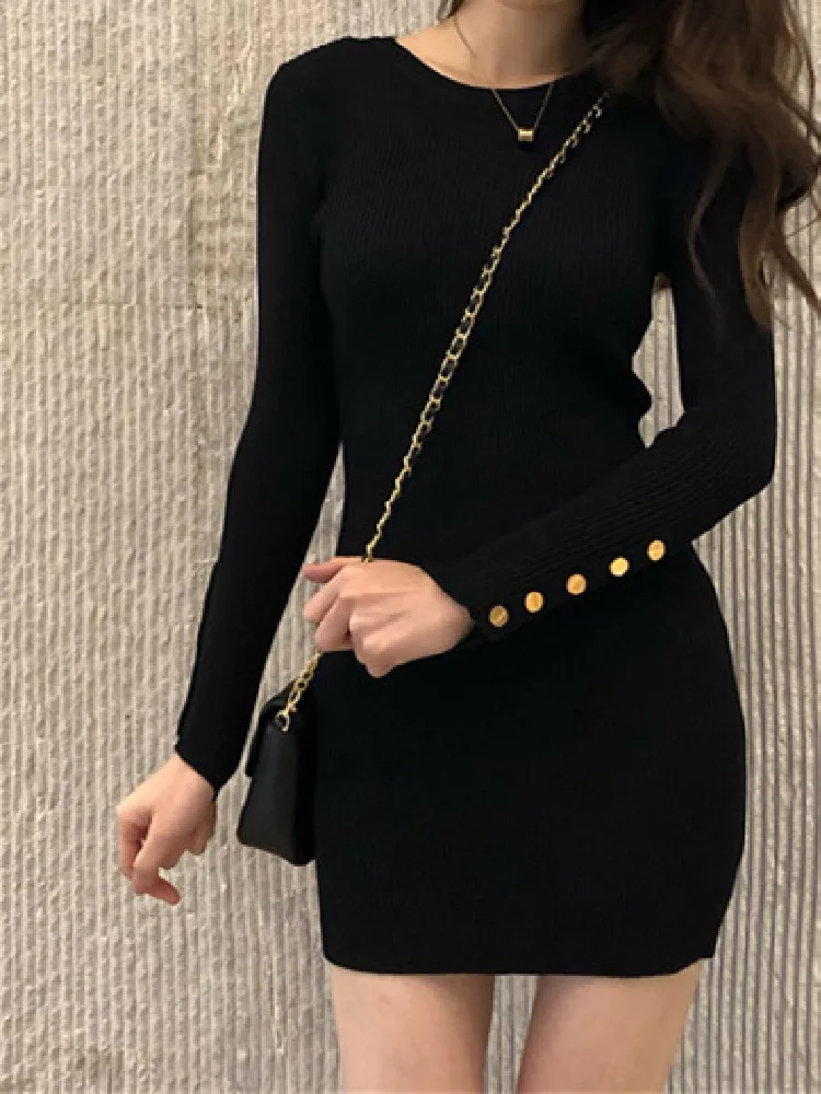 

Solid Woman Clothing Vestido Feminino Slim Sexy 2022 Autumn Knitted Dresses Korean Elegant Vintage Sweater Dress Women Winter