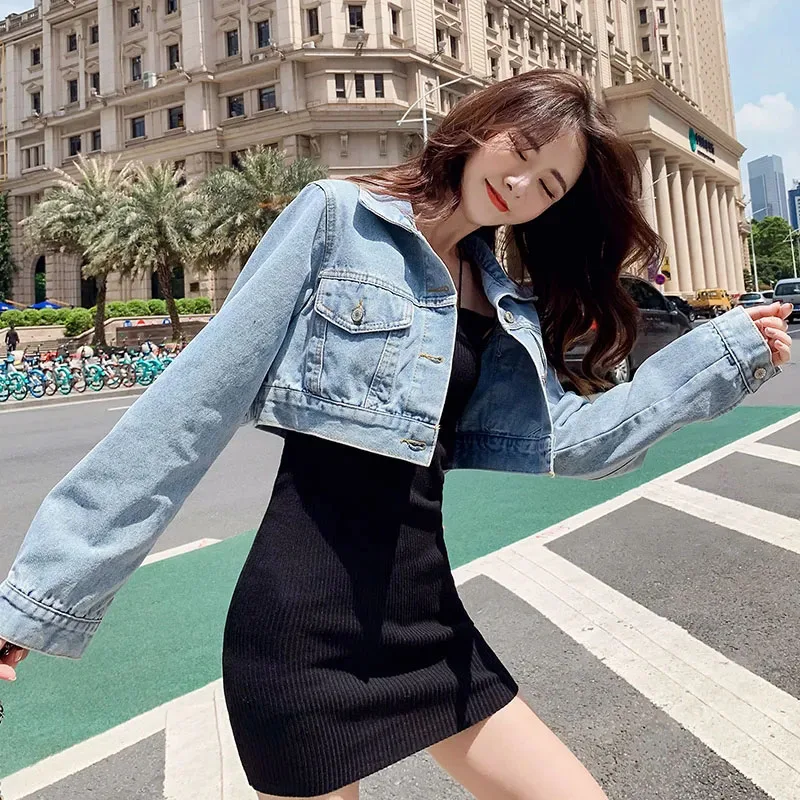 

Lucyever 2023 Women's Autumn Denim Jackets Fashion Streetwear Long Sleeve Cropped Jean Jacket Woman Korean Turn Down Collar Coat