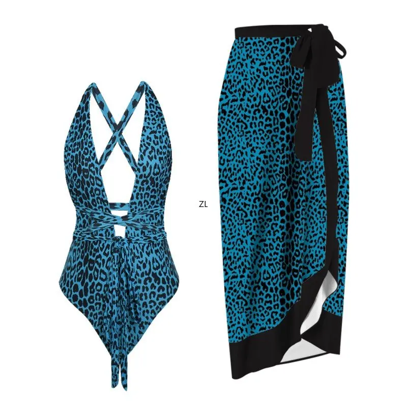 2 Piece Sets Women Outfi Retro Beach Swimsuit Set Elegant Chiffon Skirt One Piece Swimsuit Printed Beach Sexy Bikini Set Summer