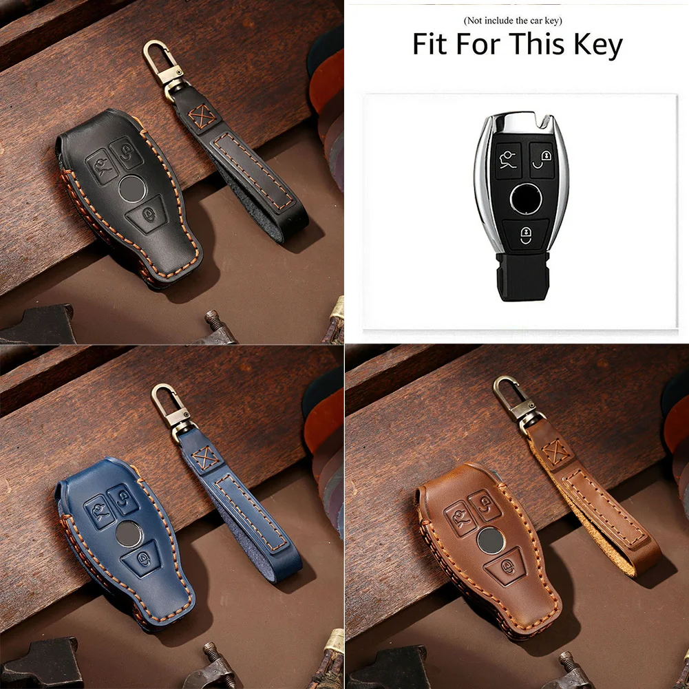 

1pc Leather Remote Car Key Case Cover Fob Holder With Full Coverage Shock Absorption For Benz Black / Blue / Brown