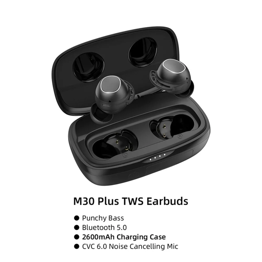 

M30 Plus Bluetooth 5,0 наушники; Настоящие беспроводные наушники; Сенсорное управление; IPX8 водонепроницаемые наушники с зарядным чехлом 2600 мАч