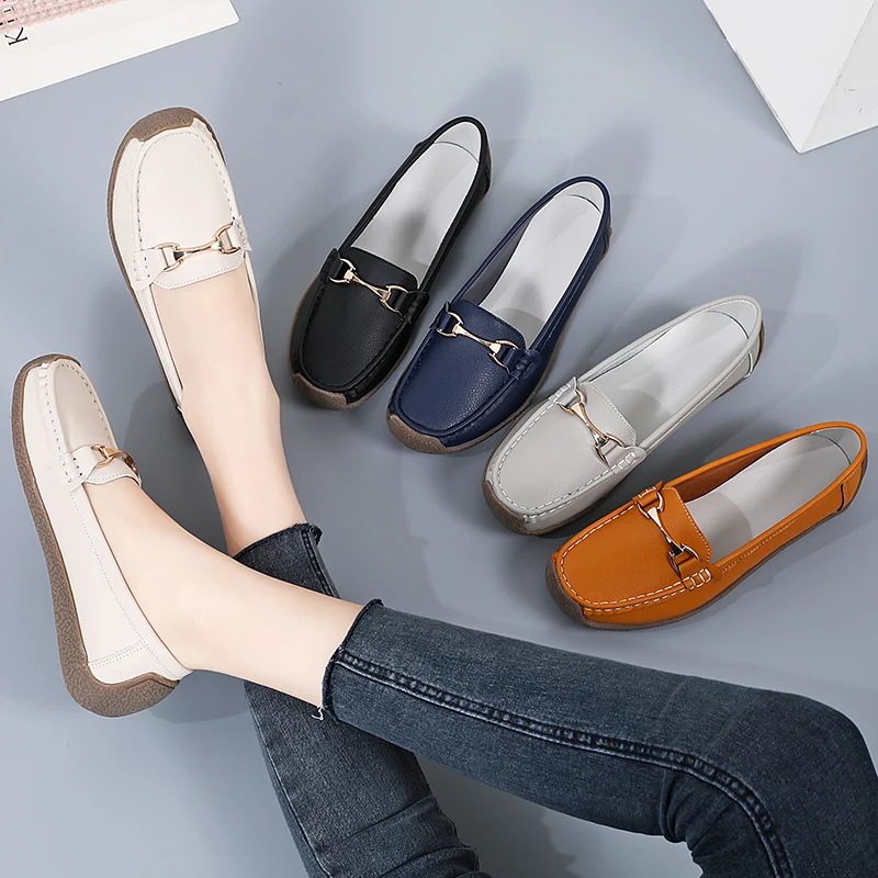2023 New Genuine Leather Women Flats Woman Casual Shoes Luxury Loafers Female Slip-on Boat Shoes Moccasins Big Size 35-44
