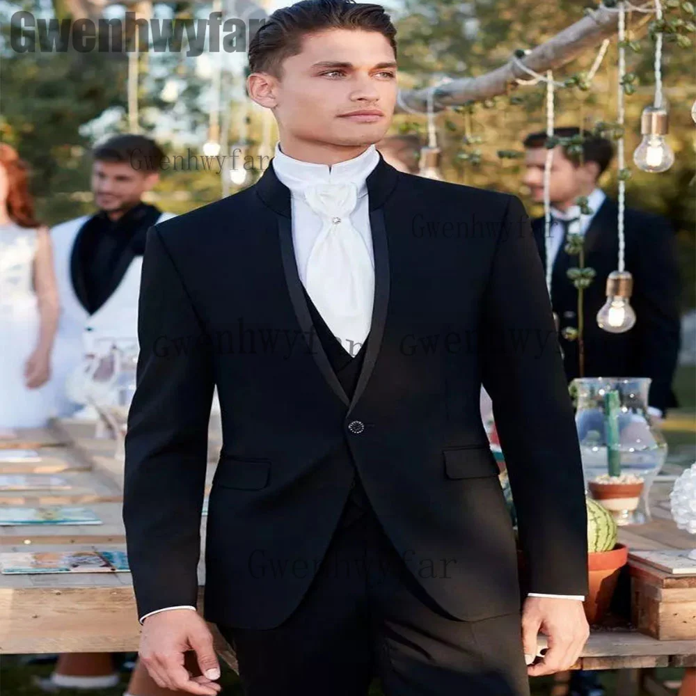

Gwenhwyfar 2023 Costume Homme Black Stand Collar Men Suits Wedding Tuxedos Groom Blazer 3 Pieces Elegant Suit (Jacket+Pant+Vest)