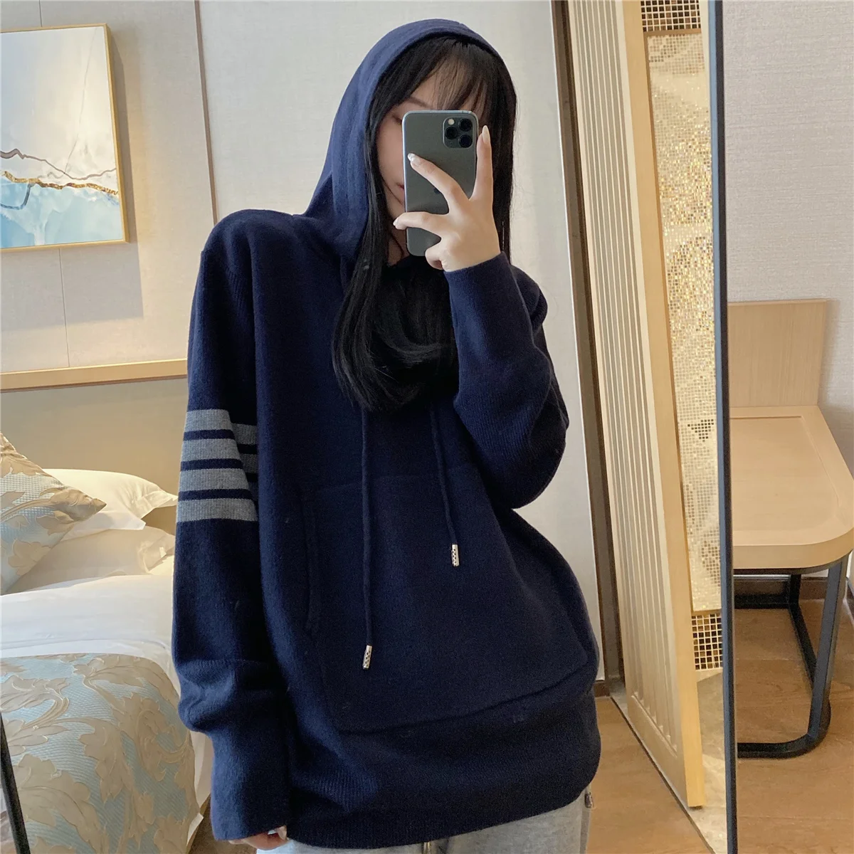 Autumn and Winter New TB Korean Hoodie Loose Pullover Wool Sweater Sleeve Stripe Sweater Top