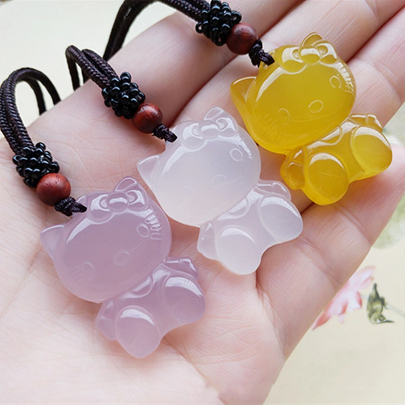 Hello Kitty Natural Jade Pendant Simple Cute Stylish Necklace for Women Agate Chalcedony Jewelry Best Gift Accessories Jewelry