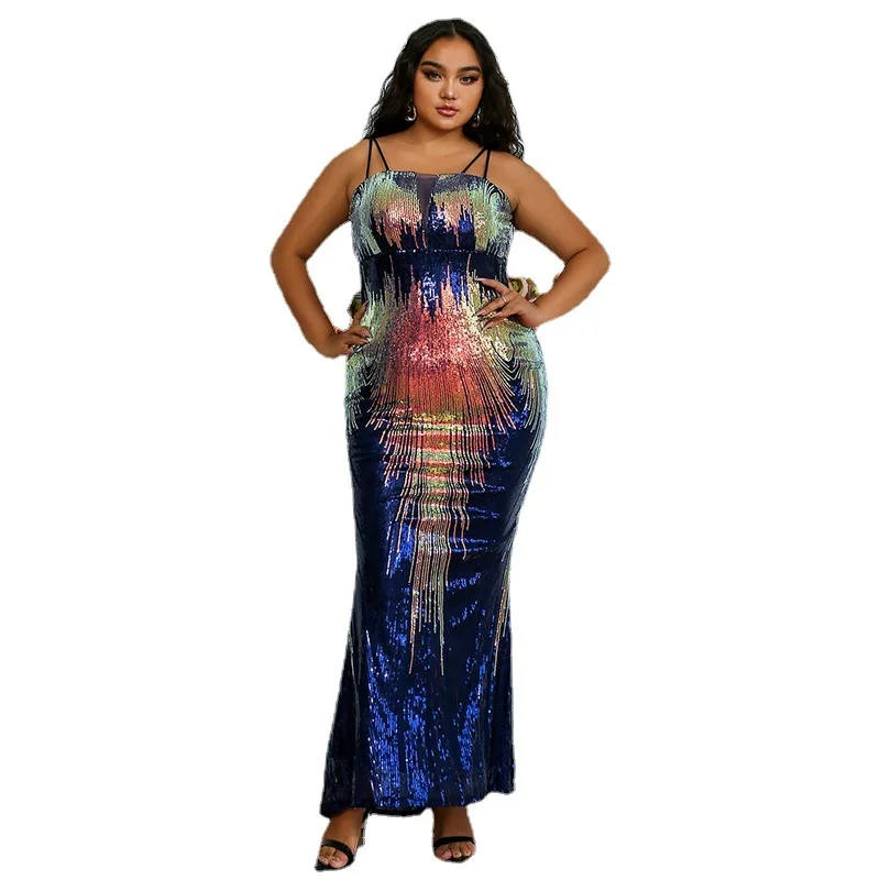 

Plus Size Sequins Blue Evening Dresses Spaghetti Strap Summer Bling Sexy Mermaid Party Prom Dress Robe De Mariée In Stock