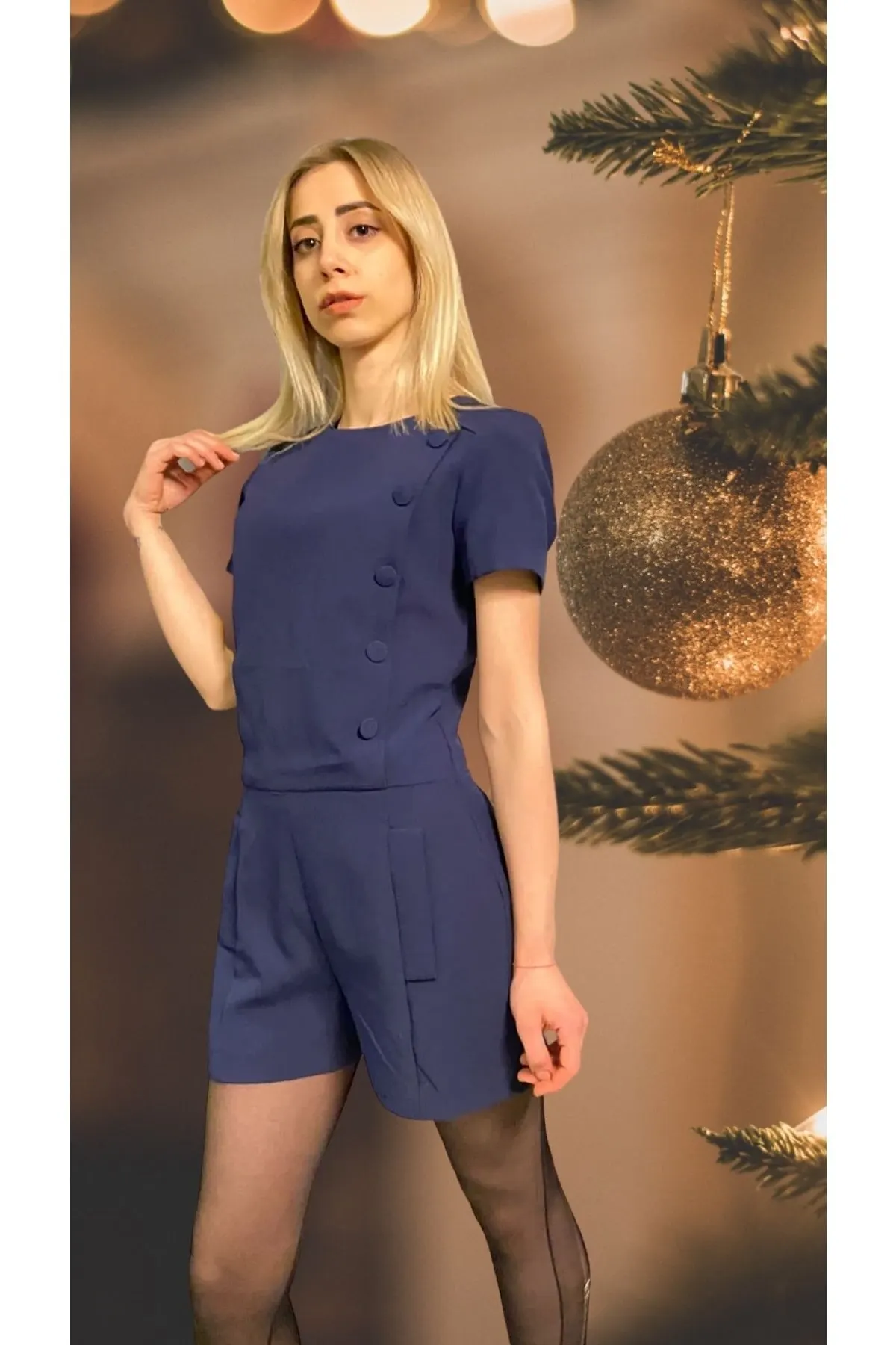 

Women's Overalls Lined Navy Blue Jumpsuit Hot Style Quality Fabric Sleeveless Baggy Trousers Casual Jumpsuit