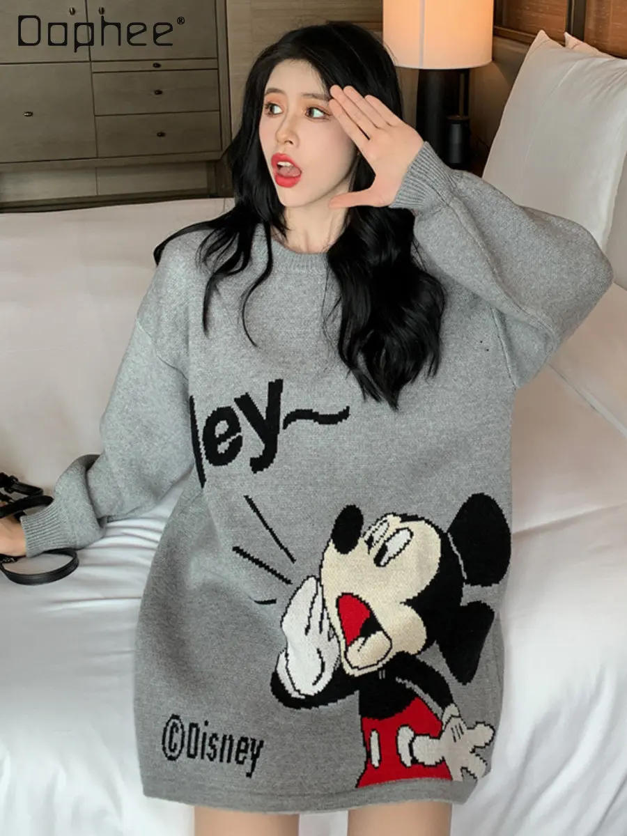 Gray Cartoon Crew Neck Pullover Sweater Women's Clothing Autumn Winter Thickening Mid-Length Loose Lantern Long Sleeves Knitwear