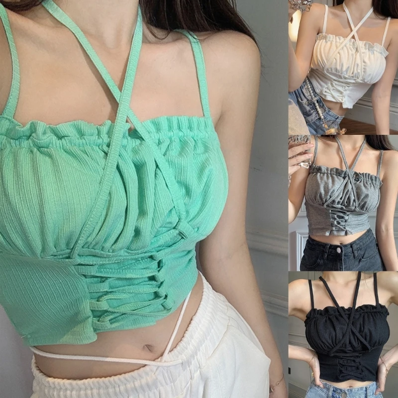 

Summer Tanks Vests Vintage Solid Color Women Ruffle Lacy Y2k Women Camisole