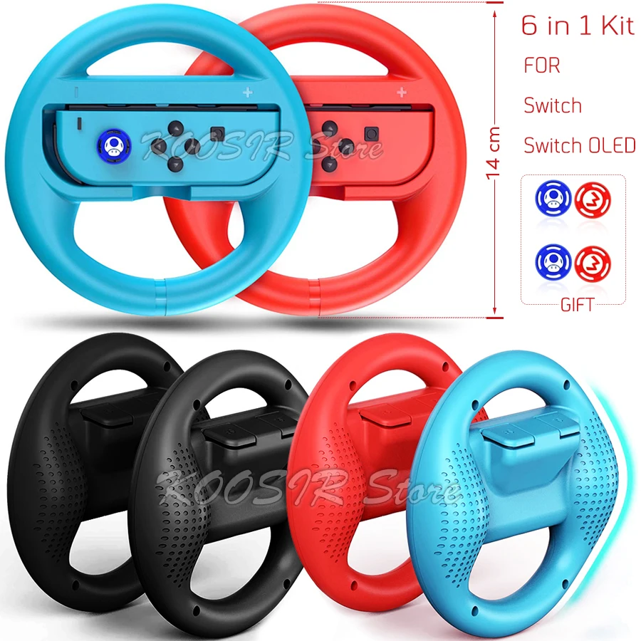 New 2 PCS Nintend Switch Gaming Racing Steering Wheel Grip Set + 4 Joycon Silicone Caps For Nintendo Switch OLED Joy con Gamepad