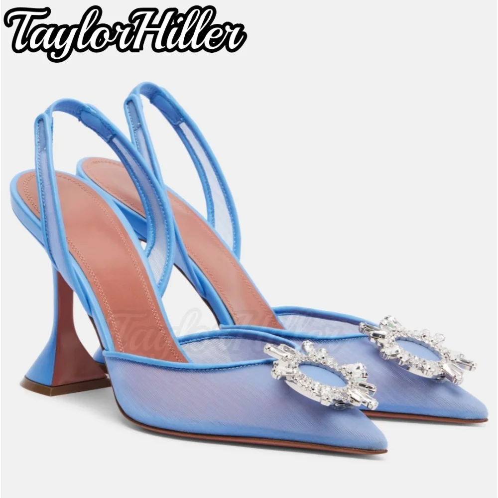 Фото Серебристые босоножки на шпильке с кристаллами, с заостренным носком, синие, на высоком каблуке, с сетчатыми вставками, весна-лето 2026, новая коллекция №1