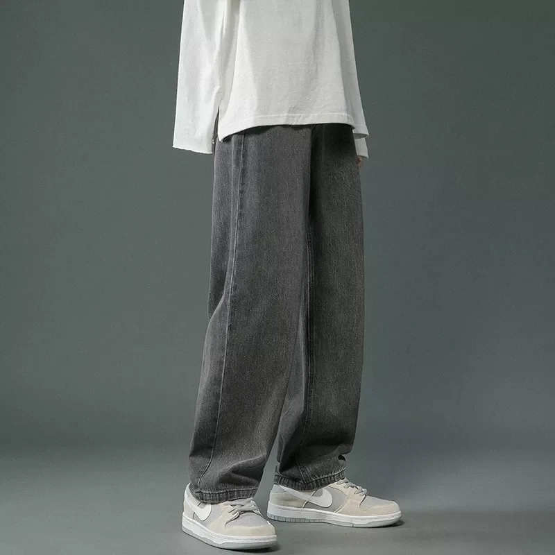 2022New Simple Solid Mopping Trousers Jeans Men Korean Style Fashion High Street Loose Casual Jean Pants Gray/White/Dark blue