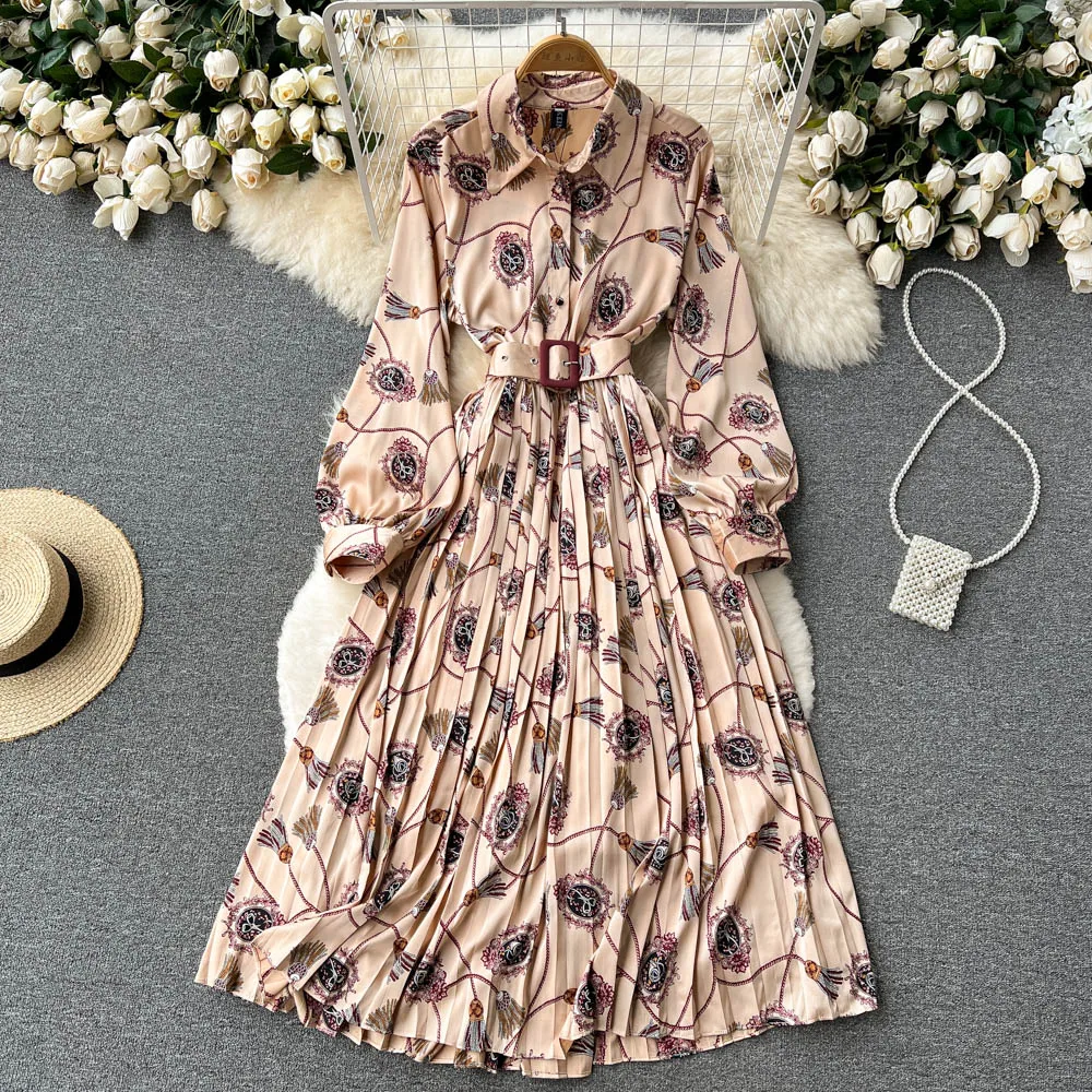 

VANOVICH 2022 Spring and Summer New Korean Style Print Pleated Dress Women's High Waist Loose Fashion Ankle-Length Long Dress