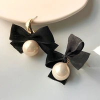 south koreas new stud earring black bow fashion girl jewelry french hepburn bow pearl stud earring ladies jewelry wholesale
