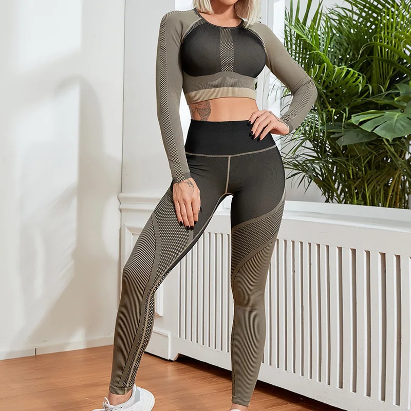 CUTIES 2 Pieces Colorblock Workout Set Women Seamless Yoga Suits Patchwork Sport Gym Wear Long Sleeve Fitness Clothes Tracksuit