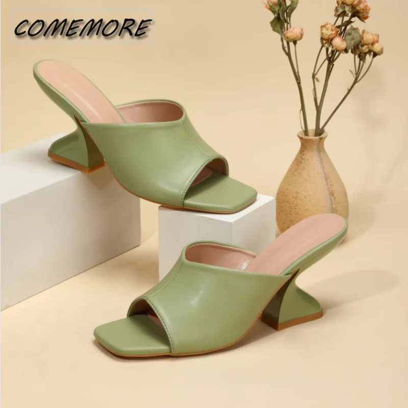 

Fashion Solid PU Slip-On Leisure Slipper Strange Heels Square Open Toe Women Mules Outdoor Sandals Size 35-42 Summer New Casual