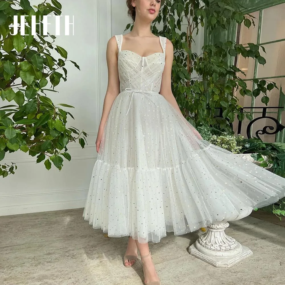 

JEHETH 2022 Sparkly Starry Tulle Midi Prom Dresses Sweetheart Neck Sequins A-Line Formal Party Tea-Length Tiered Evening Gowns